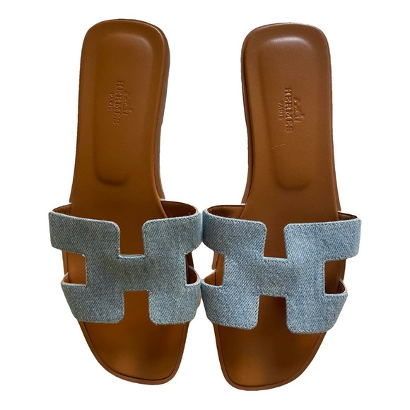 Hermes Denim Blue and Tan Sandals - Picture 1 of 4